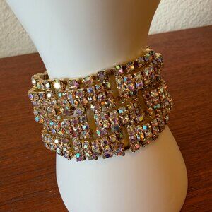 Amazing Vintage Aurora Borealis Rhinestone Weave Pattern Bracelet - Goldtone